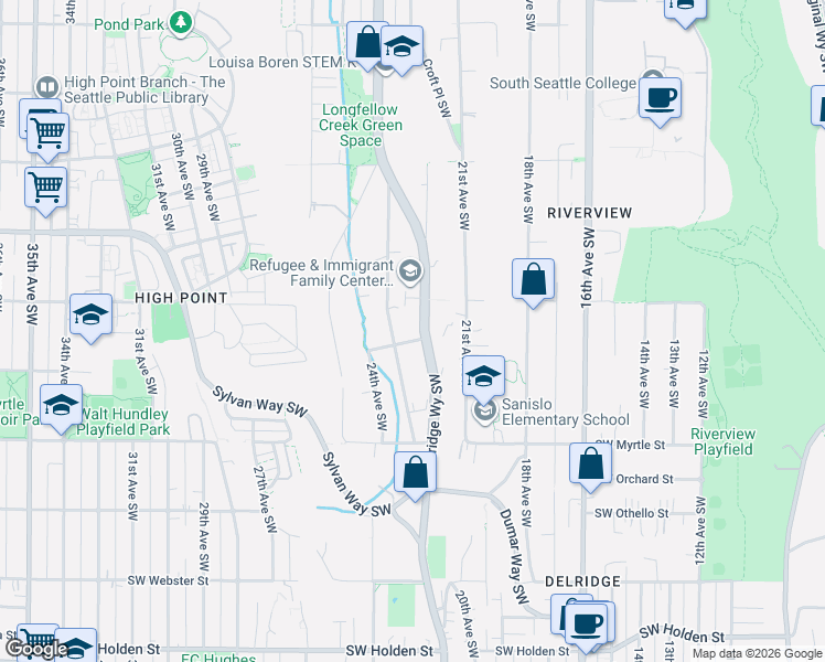 map of restaurants, bars, coffee shops, grocery stores, and more near 6500-6926 Delridge Way Southwest in Seattle