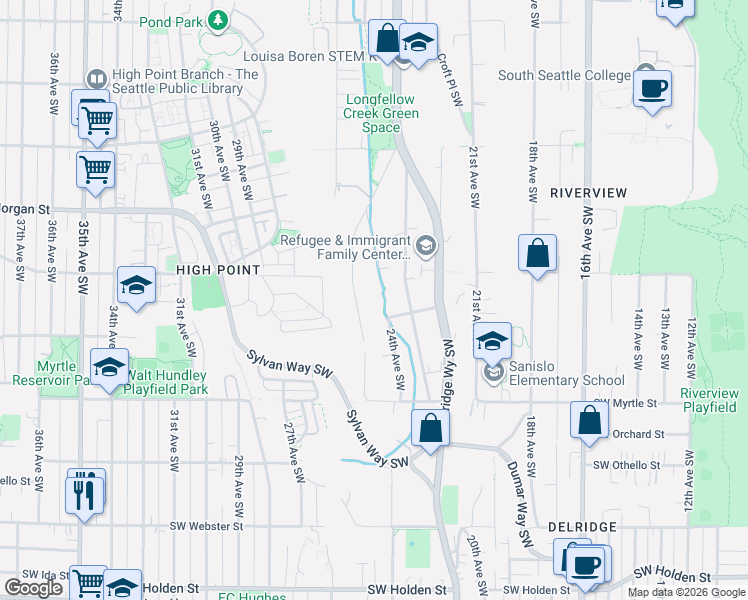 map of restaurants, bars, coffee shops, grocery stores, and more near 6563 24th Avenue Southwest in Seattle