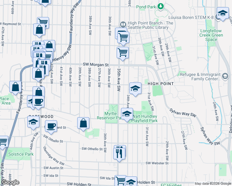 map of restaurants, bars, coffee shops, grocery stores, and more near 6714 36th Avenue Southwest in Seattle
