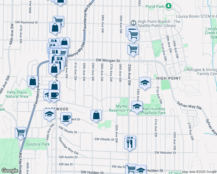map of restaurants, bars, coffee shops, grocery stores, and more near 6716 37th Avenue Southwest in Seattle