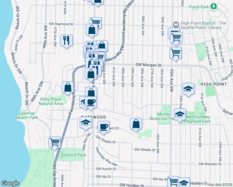 map of restaurants, bars, coffee shops, grocery stores, and more near 6715 40th Avenue Southwest in Seattle