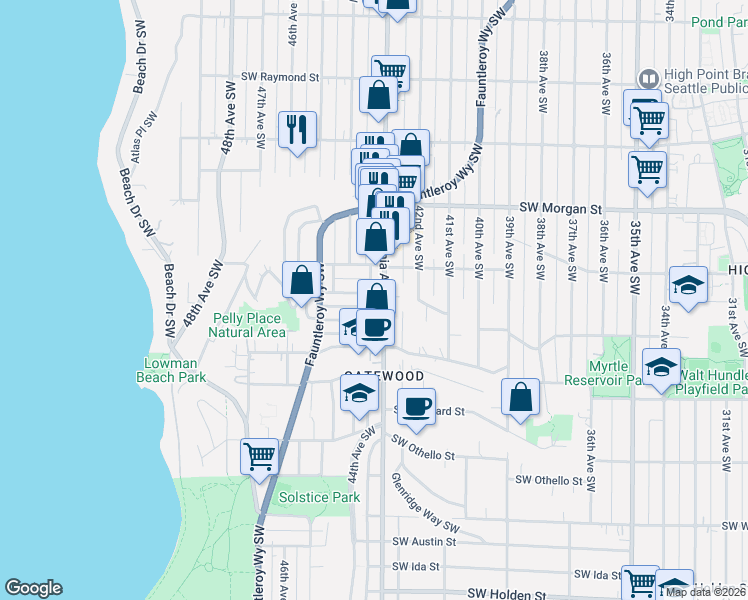 map of restaurants, bars, coffee shops, grocery stores, and more near 4312 Southwest Willow Street in Seattle