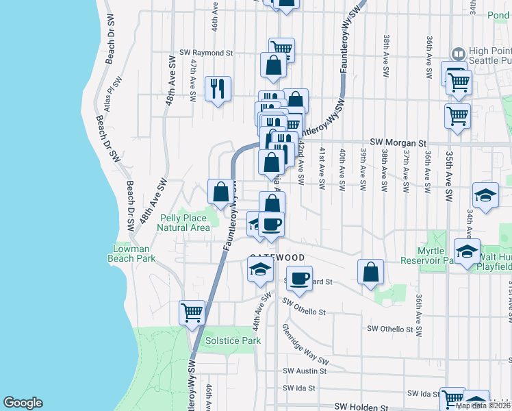 map of restaurants, bars, coffee shops, grocery stores, and more near 4312 Southwest Willow Street in Seattle