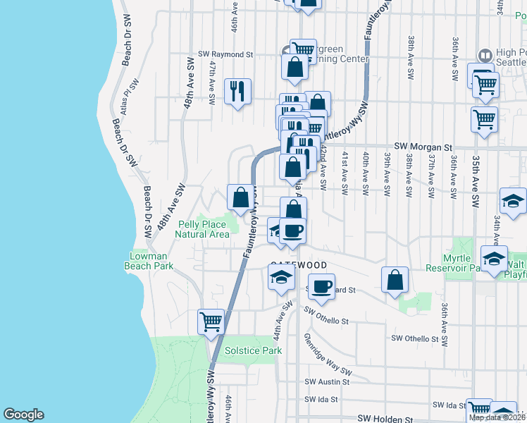 map of restaurants, bars, coffee shops, grocery stores, and more near 6724 Fauntleroy Way Southwest in Seattle