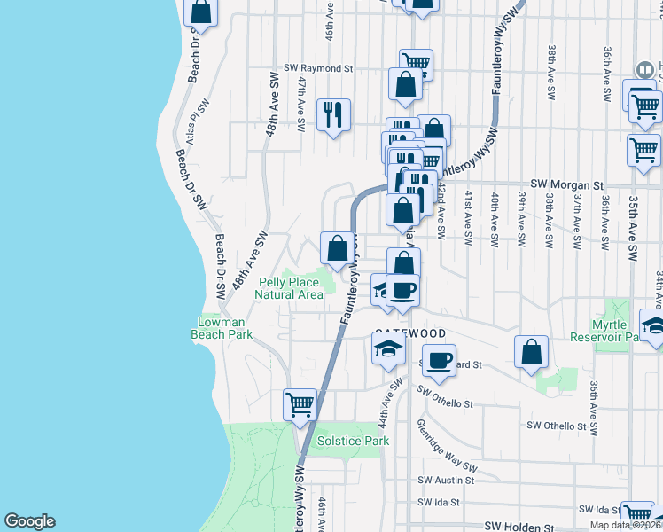 map of restaurants, bars, coffee shops, grocery stores, and more near 6722 Holly Place Southwest in Seattle
