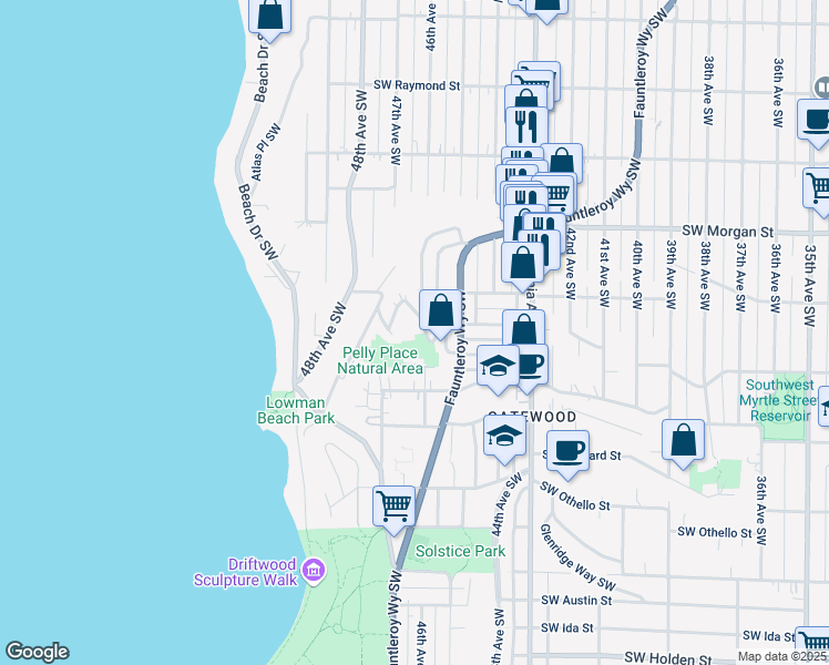 map of restaurants, bars, coffee shops, grocery stores, and more near 6724 47th Place Southwest in Seattle