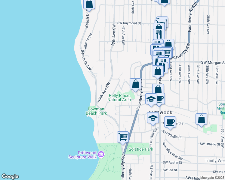 map of restaurants, bars, coffee shops, grocery stores, and more near 6723 Murray Avenue Southwest in Seattle
