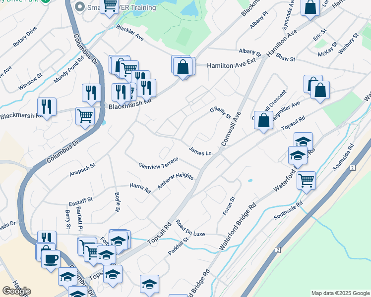 map of restaurants, bars, coffee shops, grocery stores, and more near 17 James Lane in St. John's