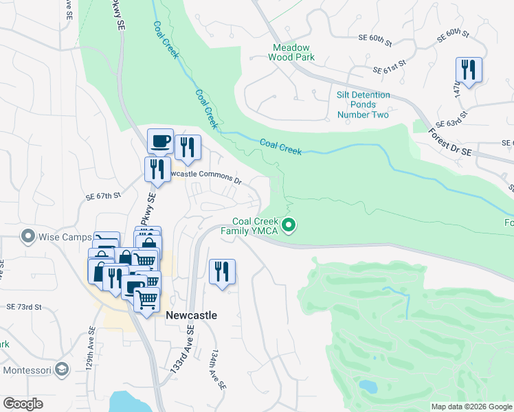 map of restaurants, bars, coffee shops, grocery stores, and more near 13651 Southeast 67th Lane in Newcastle