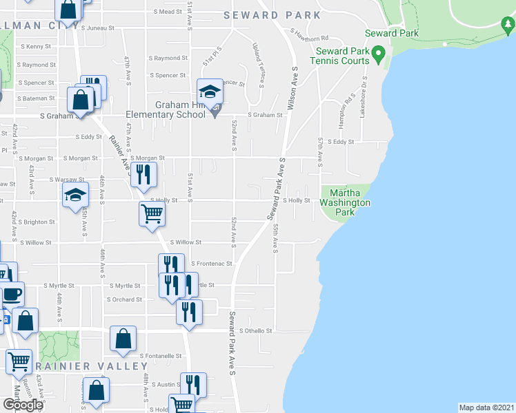 map of restaurants, bars, coffee shops, grocery stores, and more near 6703 Seward Park Avenue South in Seattle