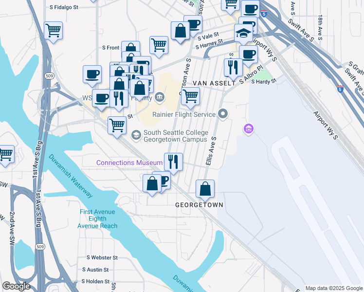 map of restaurants, bars, coffee shops, grocery stores, and more near 6663 Carleton Avenue South in Seattle