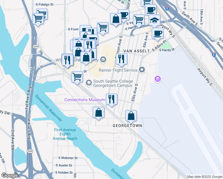 map of restaurants, bars, coffee shops, grocery stores, and more near 6704a Corson Avenue South in Seattle