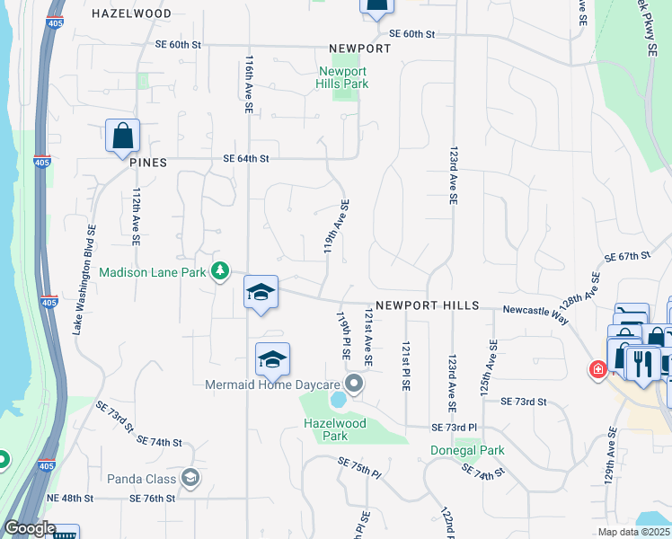 map of restaurants, bars, coffee shops, grocery stores, and more near 6673 119th Place Southeast in Bellevue