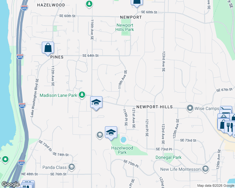 map of restaurants, bars, coffee shops, grocery stores, and more near 11821 Southeast 67th Place in Bellevue