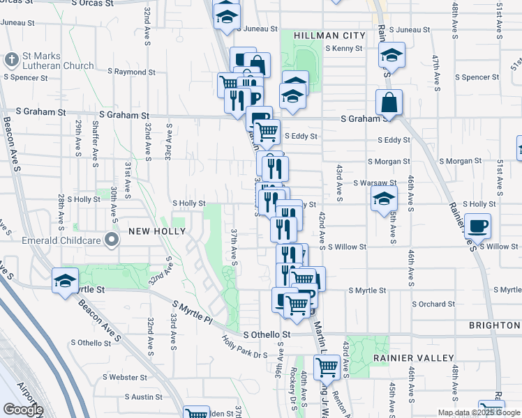 map of restaurants, bars, coffee shops, grocery stores, and more near 3803 South Holly Street in Seattle