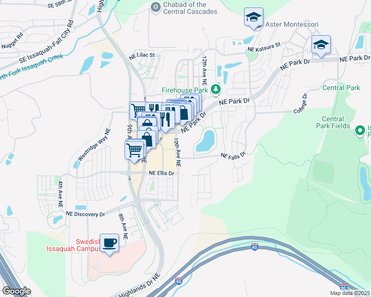 map of restaurants, bars, coffee shops, grocery stores, and more near 1150 10th Avenue Northeast in Issaquah