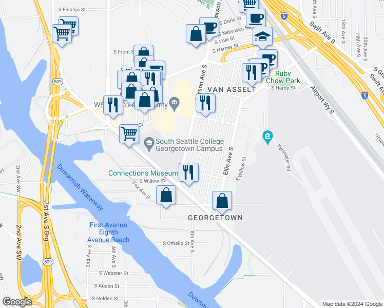 map of restaurants, bars, coffee shops, grocery stores, and more near 6663 Carleton Avenue South in Seattle