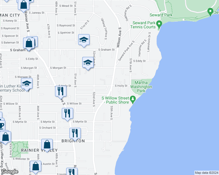 map of restaurants, bars, coffee shops, grocery stores, and more near 6703 Seward Park Avenue South in Seattle