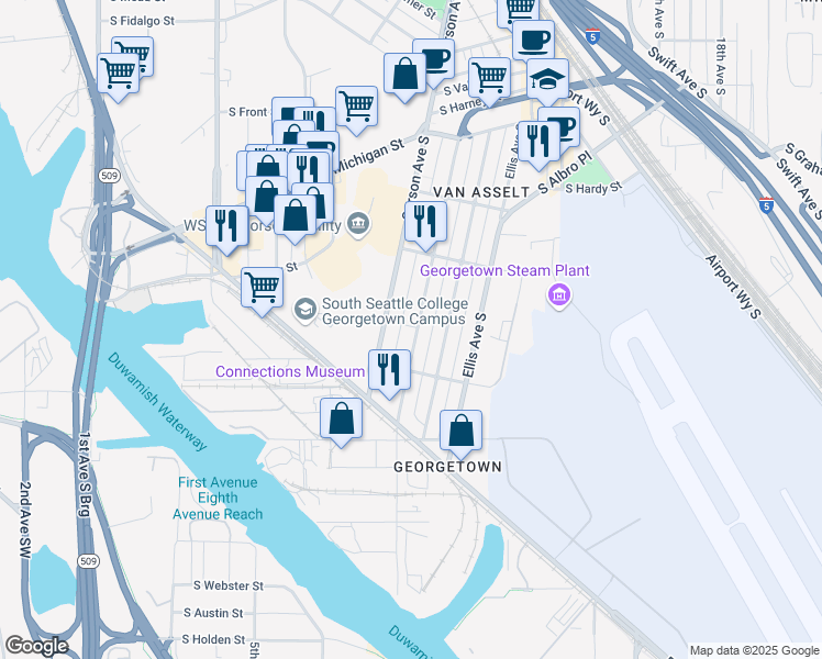 map of restaurants, bars, coffee shops, grocery stores, and more near 6701 Carleton Avenue South in Seattle