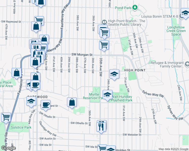 map of restaurants, bars, coffee shops, grocery stores, and more near 6714 36th Avenue Southwest in Seattle