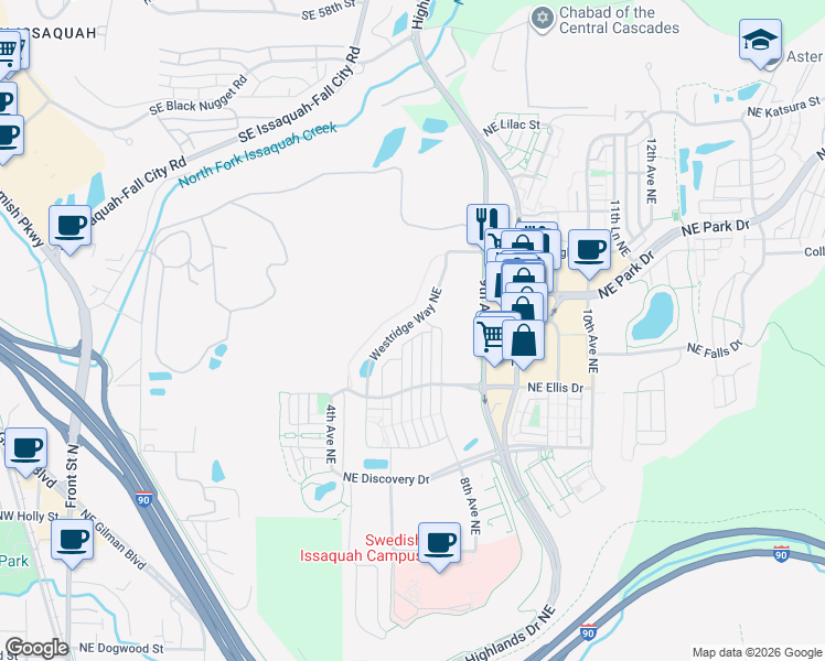 map of restaurants, bars, coffee shops, grocery stores, and more near 1172 Westridge Way Northeast in Issaquah