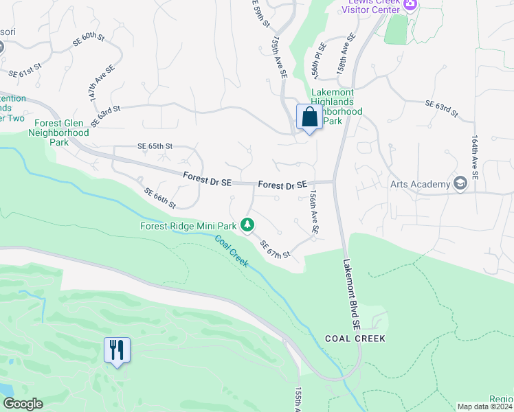 map of restaurants, bars, coffee shops, grocery stores, and more near 6608 154th Place Southeast in Bellevue