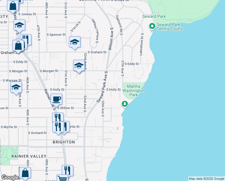 map of restaurants, bars, coffee shops, grocery stores, and more near 5526 South Holly Street in Seattle
