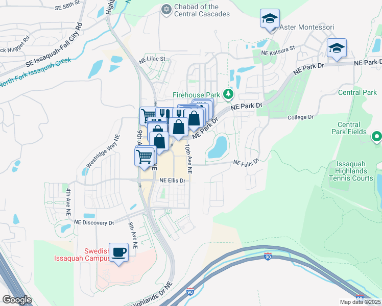 map of restaurants, bars, coffee shops, grocery stores, and more near 1150 10th Avenue Northeast in Issaquah