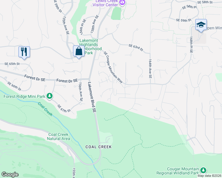 map of restaurants, bars, coffee shops, grocery stores, and more near 6717 Southeast Cougar Mountain Way in Bellevue