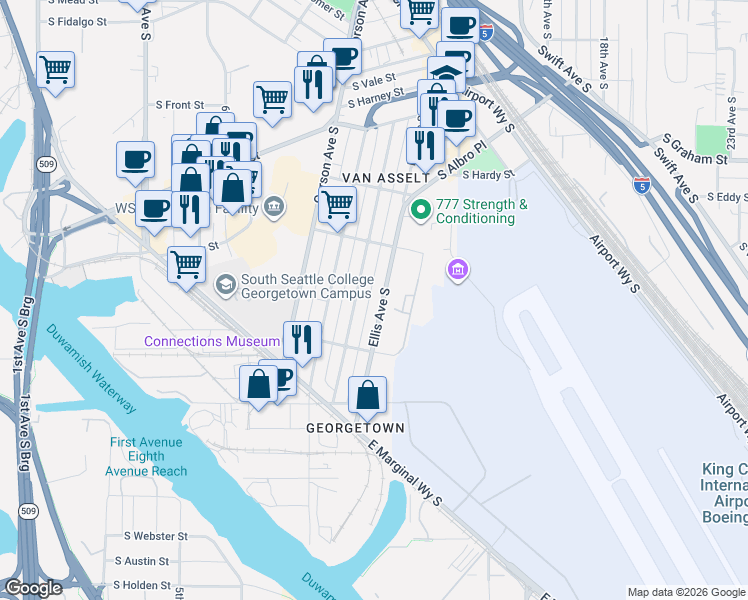 map of restaurants, bars, coffee shops, grocery stores, and more near 6652 Flora Avenue South in Seattle