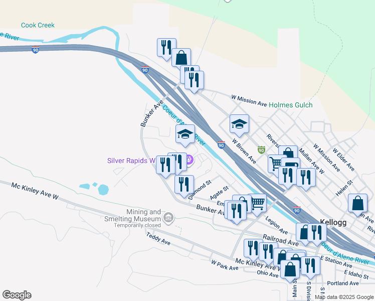 map of restaurants, bars, coffee shops, grocery stores, and more near 810 Bunker Avenue in Kellogg