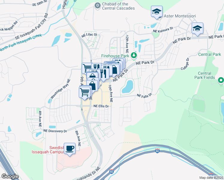 map of restaurants, bars, coffee shops, grocery stores, and more near 1150 10th Avenue Northeast in Issaquah