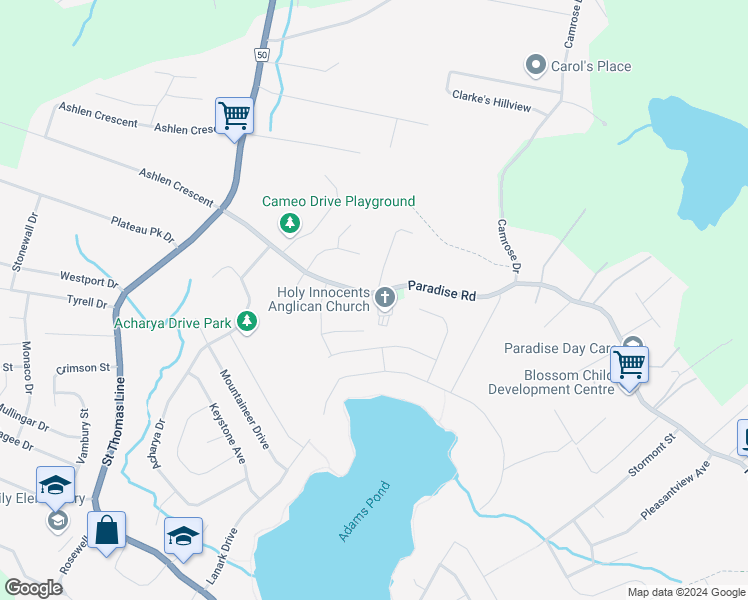 map of restaurants, bars, coffee shops, grocery stores, and more near 305 Paradise Road in Paradise