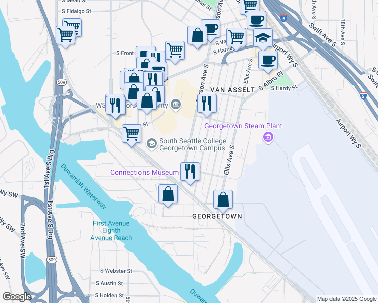map of restaurants, bars, coffee shops, grocery stores, and more near 6704a Corson Avenue South in Seattle