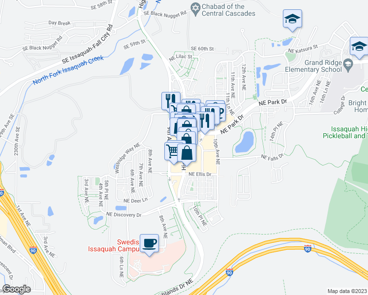 map of restaurants, bars, coffee shops, grocery stores, and more near Highlands Drive Northeast in Issaquah