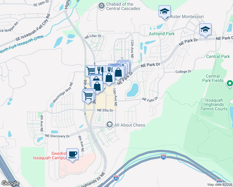 map of restaurants, bars, coffee shops, grocery stores, and more near 1150 10th Avenue Northeast in Issaquah