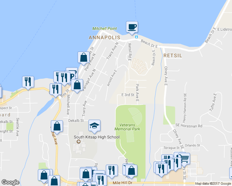 map of restaurants, bars, coffee shops, grocery stores, and more near 2493 East 3rd Street in Port Orchard