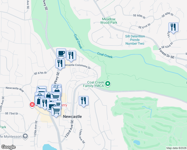 map of restaurants, bars, coffee shops, grocery stores, and more near 13651 Southeast 67th Lane in Newcastle
