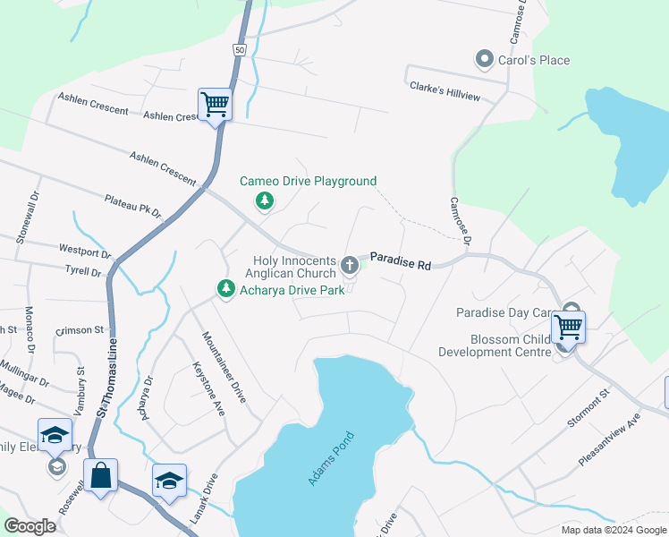 map of restaurants, bars, coffee shops, grocery stores, and more near 307 Paradise Road in Paradise