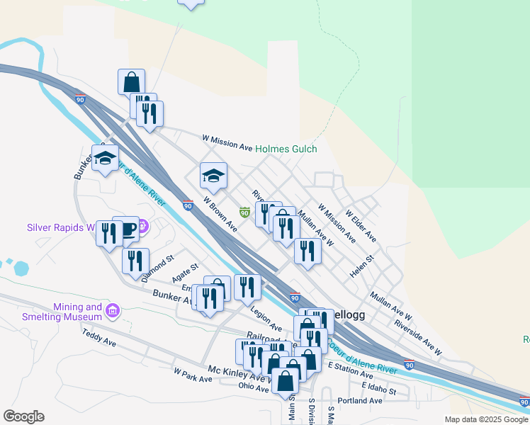 map of restaurants, bars, coffee shops, grocery stores, and more near 315 Riverside Avenue West in Kellogg