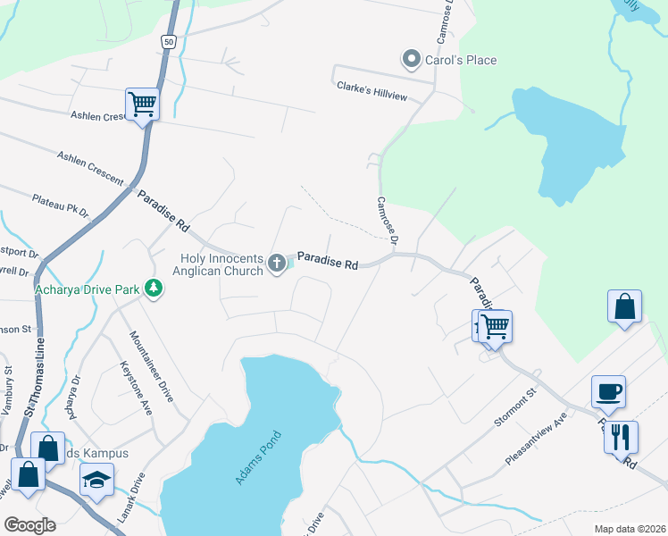 map of restaurants, bars, coffee shops, grocery stores, and more near 275 Paradise Road in Paradise