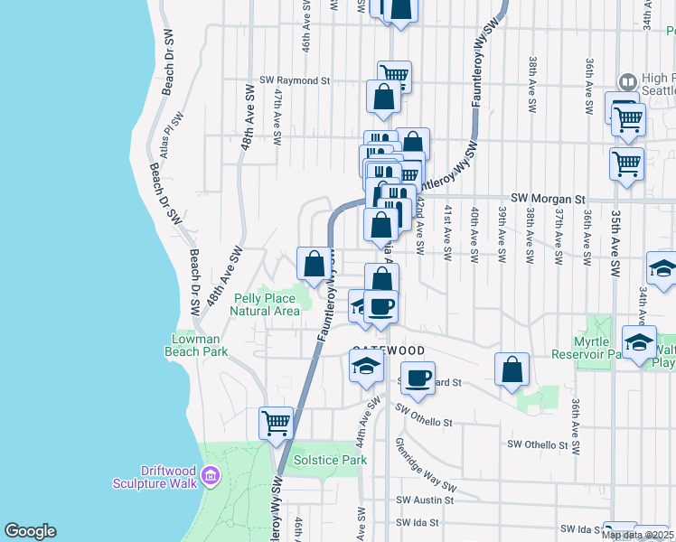 map of restaurants, bars, coffee shops, grocery stores, and more near 6724 Fauntleroy Way Southwest in Seattle