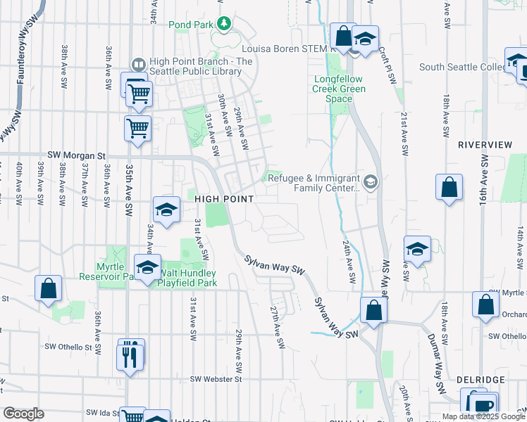 map of restaurants, bars, coffee shops, grocery stores, and more near 6717 Sylvan Way Southwest in Seattle