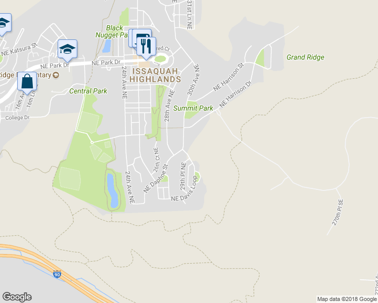 map of restaurants, bars, coffee shops, grocery stores, and more near 2989 Northeast Davis Loop in Issaquah