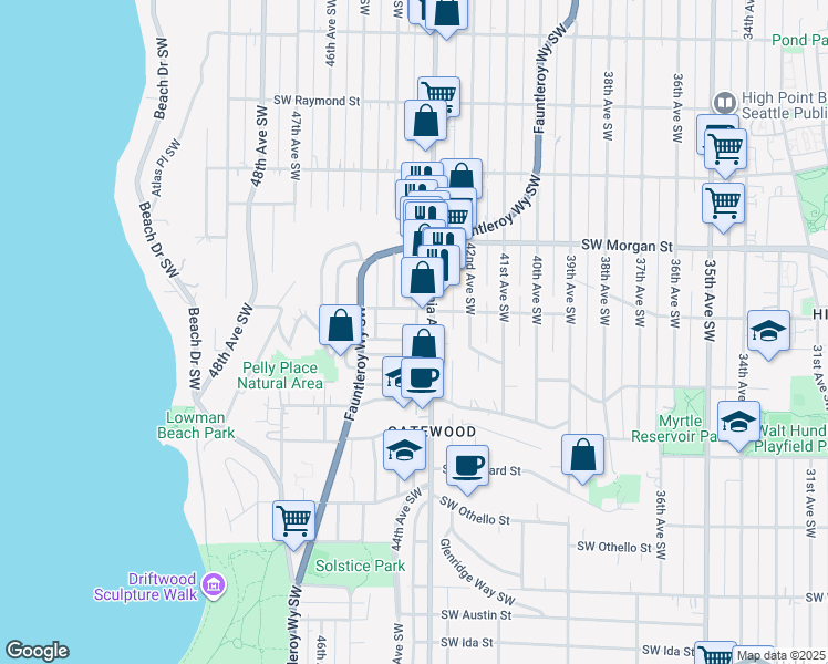 map of restaurants, bars, coffee shops, grocery stores, and more near 4312 Southwest Willow Street in Seattle