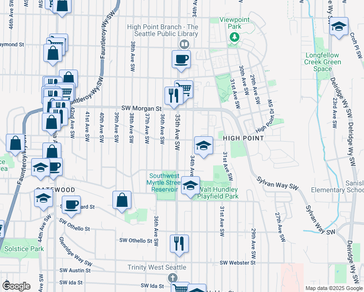 map of restaurants, bars, coffee shops, grocery stores, and more near 6710 35th Avenue Southwest in Seattle