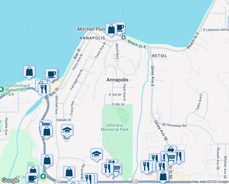 map of restaurants, bars, coffee shops, grocery stores, and more near 925 Retsil Road East in Port Orchard