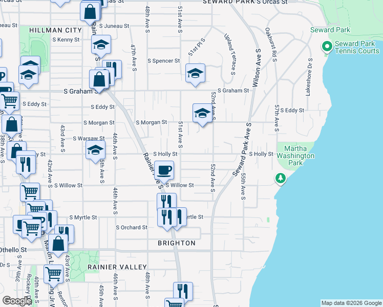 map of restaurants, bars, coffee shops, grocery stores, and more near 5110 South Holly Street in Seattle