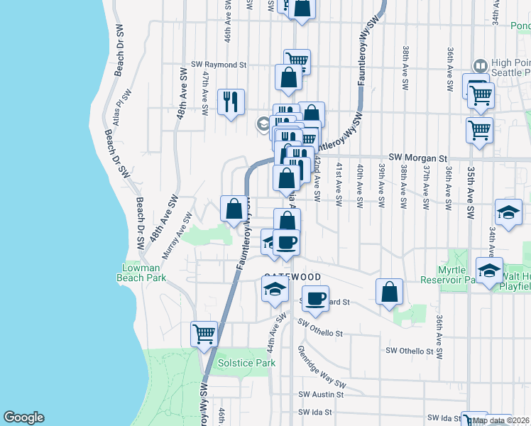 map of restaurants, bars, coffee shops, grocery stores, and more near 6724 Fauntleroy Way Southwest in Seattle