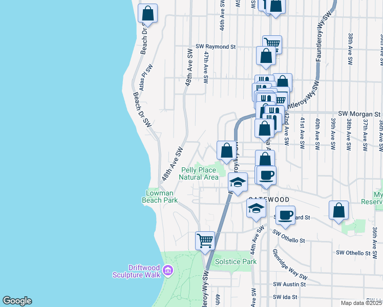 map of restaurants, bars, coffee shops, grocery stores, and more near 6723 Murray Avenue Southwest in Seattle